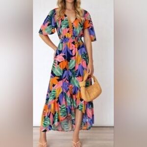 Abel The Label High Low Midi Leaf Print Dress